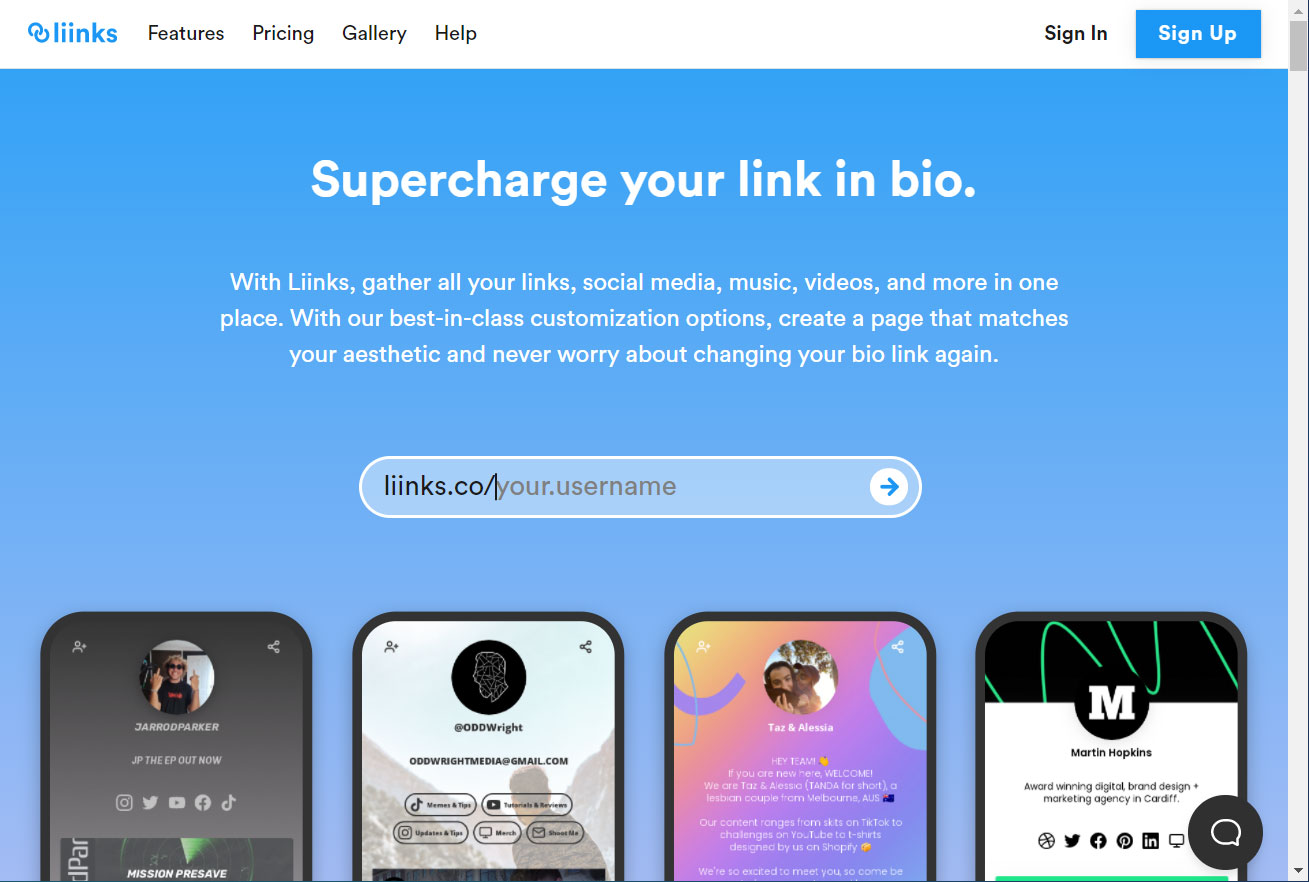 Screenshot Liinks - free tool per inserire Link in bio