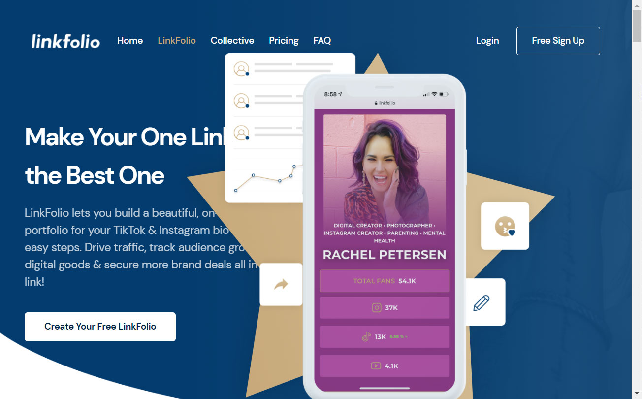 Screeshot di Linkfolio - free tool per inserire Link in bio su Instagram